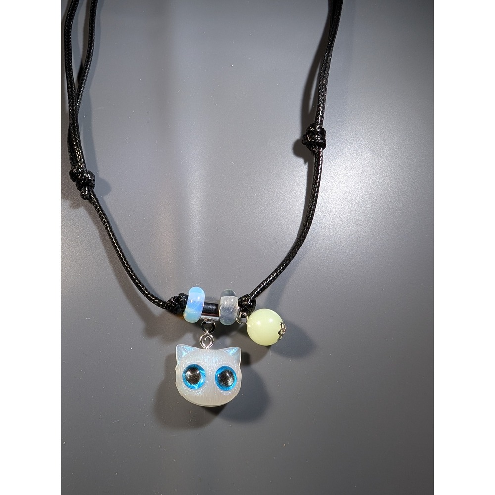 White Cat Head Pendant Necklace Blue Eyes Adjustable Black Cord 14-27in